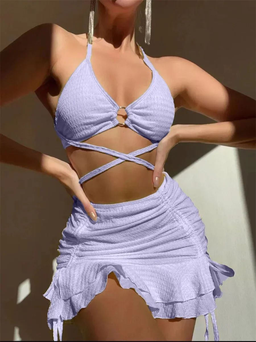 Sexy Yellow Bikini Women Solid Halter Ring Linked Criss Cross Cover Up 3 Piece Swimsuit 2025 Bathing Suit Ruffles Skirt Swimwear
