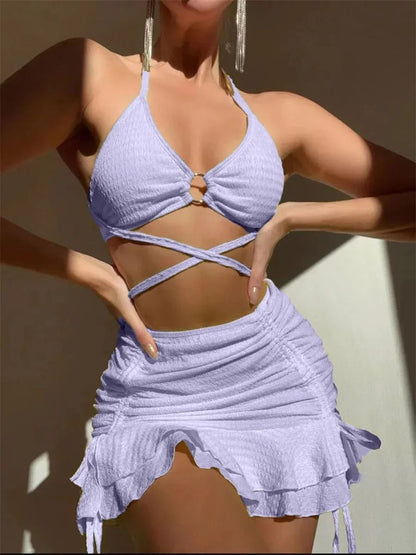 Sexy Yellow Bikini Women Solid Halter Ring Linked Criss Cross Cover Up 3 Piece Swimsuit 2025 Bathing Suit Ruffles Skirt Swimwear