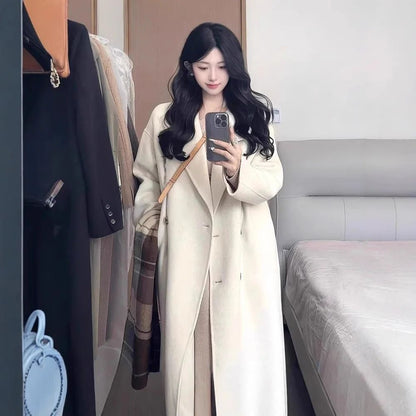 Oatmeal Color Woolen Coat Women's Loose Mid-Length Korean Style Autumn Winter New Arrival Fashion Outerwear Pure Color Full Slee