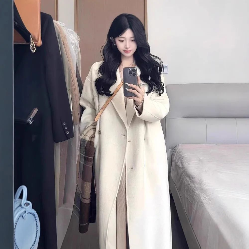 Oatmeal Color Woolen Coat Women's Loose Mid-Length Korean Style Autumn Winter New Arrival Fashion Outerwear Pure Color Full Slee