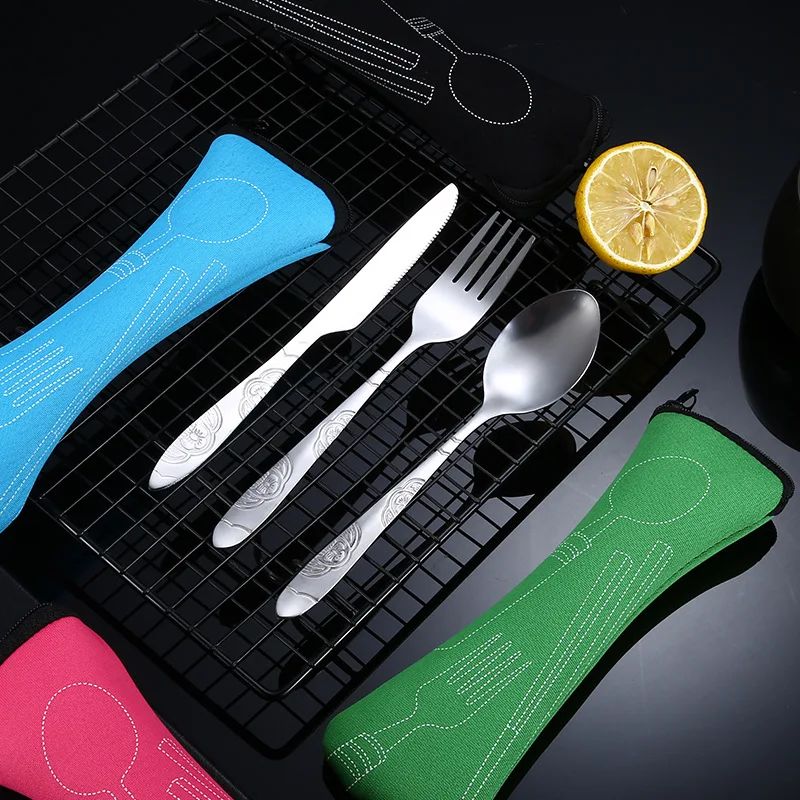 7/3 Peças Conjunto de Talheres de Aço Inoxidável para Acampamento ao Ar Livre Faca de Bife Garfo Colher para Comida Ocidental Bolsa de Pano Criativa Portátil