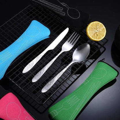 7/3 Peças Conjunto de Talheres de Aço Inoxidável para Acampamento ao Ar Livre Faca de Bife Garfo Colher para Comida Ocidental Bolsa de Pano Criativa Portátil