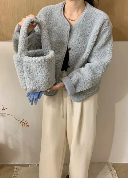 Korean Chic round Neck Single Button Loose Lamb Fur Jacket Winter Elegant Fashion Small Size with Bag Matching Women's Coat