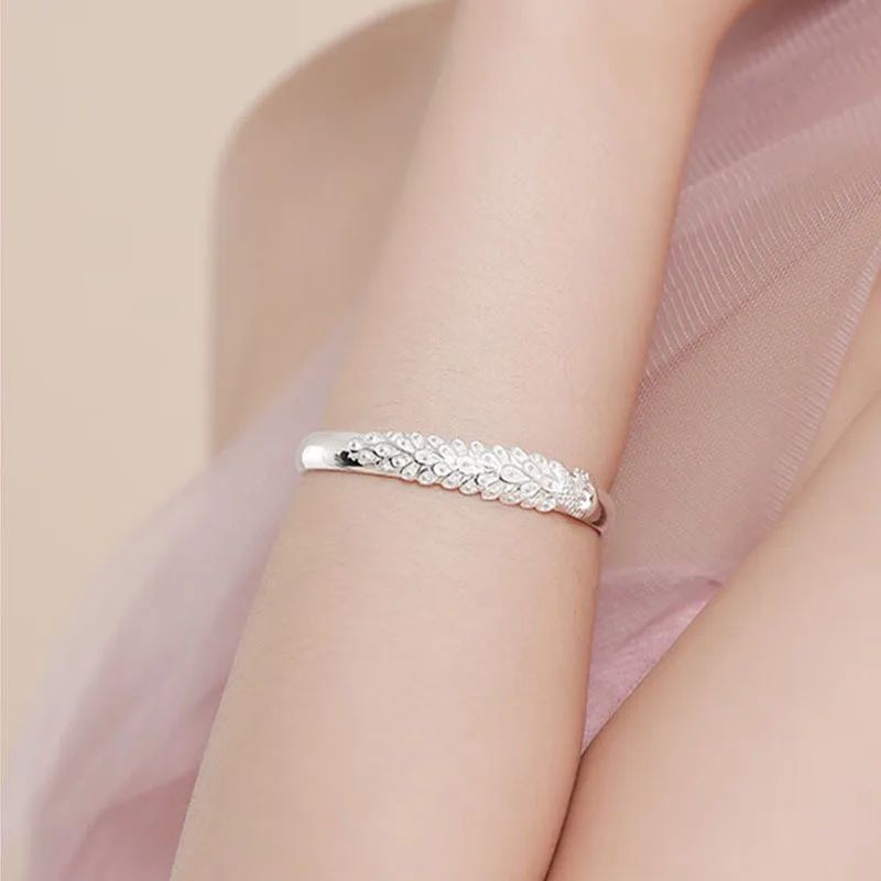 Pulseira Feminina Pavão Vazado de Prata Esterlina 925 Textura de Luxo Aberta Presente de Joias Originais para Festa
