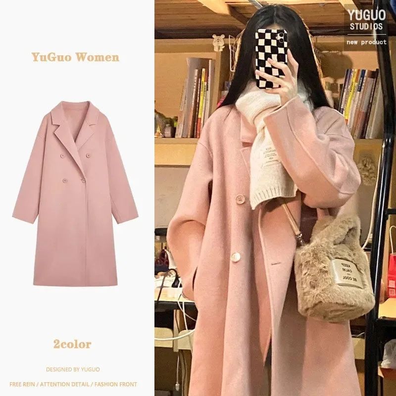 Winter Long Pink Woolen Coat French Hepburn Style Loose Casual Slimming Knee-Length Tweed Outerwear Women's Fashion