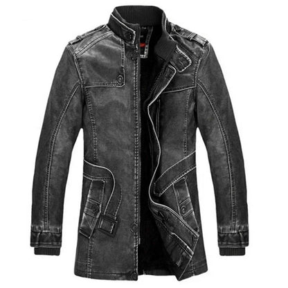 Men Slim Warm Washed Leather Motorcycle Jacket High Quality Leather Jacket Mens Standing Collar Coat Plus Size 4XL Long Parkas