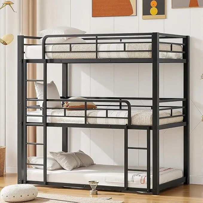 Heavy Duty Triple Bunk Bed Twin-Size Metal Frame with Ladder Family-Friendly for All Ages No Box Spring Needed for Bedroom