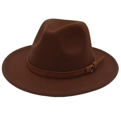Classic Brown Belt Women Fedora Hats Autumn Winter Gentleman Jazz Felt Hat For Men Retro Church Lady Flat Wide Brim Dress Hat