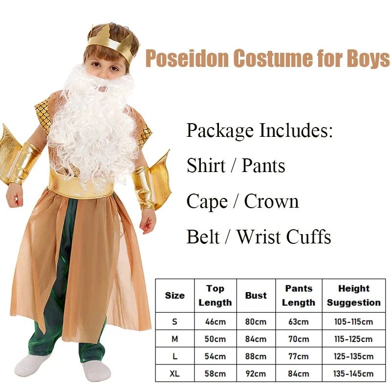 2025 New Greek Mythology God King a Thick White Beard of The Sea Halloween Costume Poseidon Costume for Boys