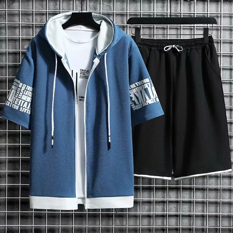 Summer Thin Men's Sports Suit 2-piece Set Casual Hooded Quick Dry Running Exercise Clothes Short Sleeve Shorts