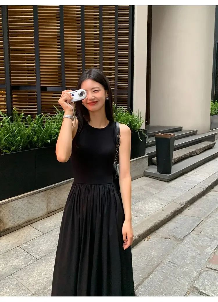 New Vintage Black Tank Top Midi Dress Wedding Dresses for Women Clothing O Neck
