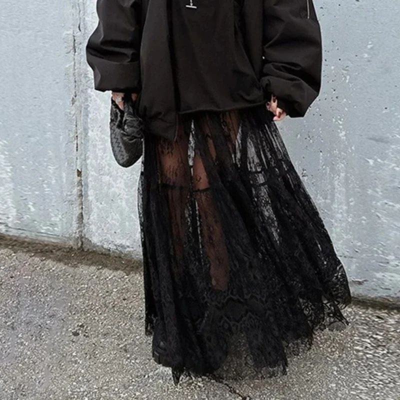 Lace Jacquard Transperant Skirt Women Summer New High Waist Sexy Casual Long Skirts 2025 Streetwear Fashion Black Maxi Skirt