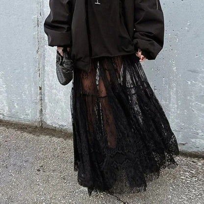 Lace Jacquard Transperant Skirt Women Summer New High Waist Sexy Casual Long Skirts 2025 Streetwear Fashion Black Maxi Skirt