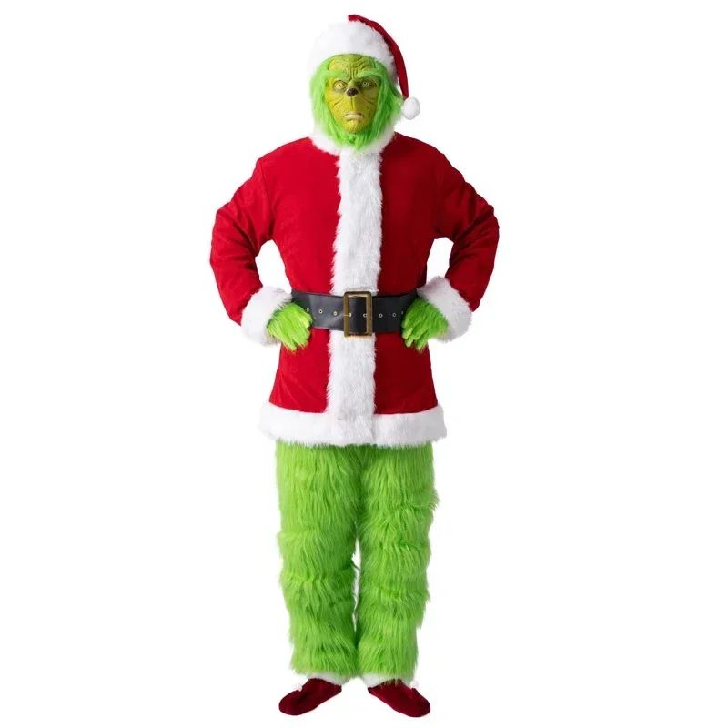 Santa Claus Costume Set Christmas Party Prom Adult Role Playing Green Monster Shaggy Halloween Cosplay Suit Gloves Mask