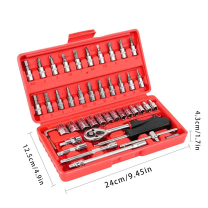 Kit de Ferramentas de Reparo Automotivo 46 Peças, Caixa de Ferramentas de Chave Catraca Combinada, Jogo de Ferramentas para Manutenção Automotiva e Reparo de Soquetes Veiculares