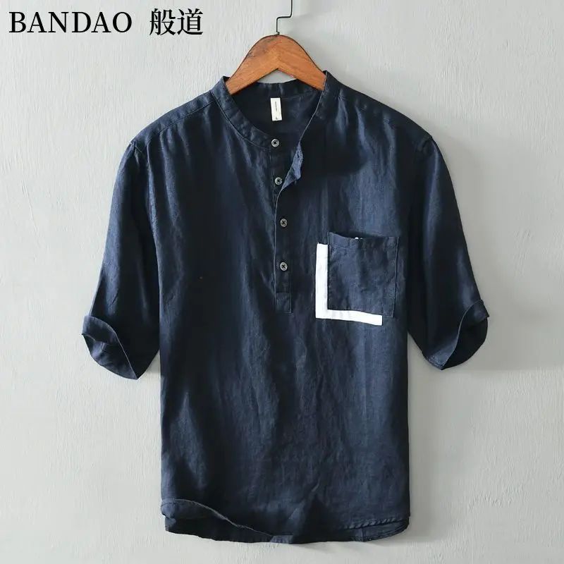 Chinese Style Spring and Summer Loose High-end Men's Linen Short-sleeved Cotton Linen Casual Breathable Shirt Collar T-shirt