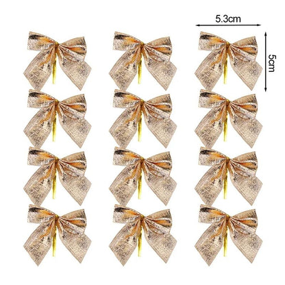 240/12PCS Mini Christmas Bow Ornaments Red Gold Xmas Tree Hanging Pendant DIY Craft New Year Home Party Decoration Bowknot Gifts