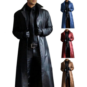 2024 New Men's Long Leather Jackets Goth Punk Button Trench Coat Solid Lapel Collar Long Pu Windbreaker Winter Leather Coats