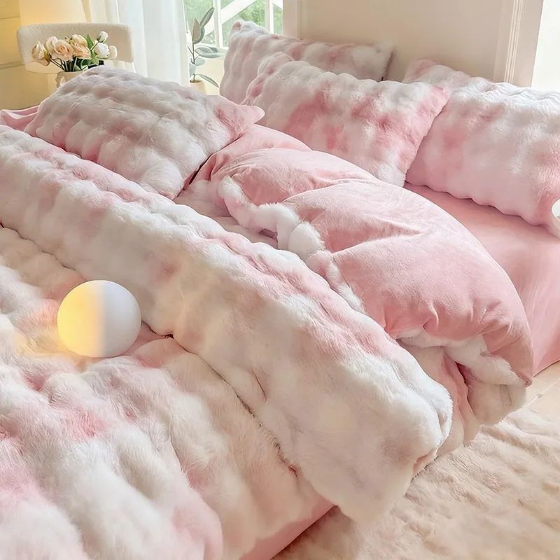New Rabbit Fur Thickened Milk Velvet Duvet Cover Set Machine Washable Soft SkinFriendly Warm Bed Sheet for Home and Hotel ?? ???