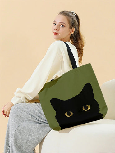 1pc,Cartoon Cat Head Handbag, Reusable Fashionable Handbag, Multifunctional Handbag, Printed Canvas Shopping Bag