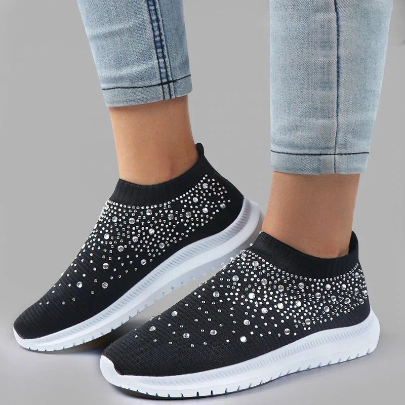 2024 New Crystal Breathable Mesh Sneaker Shoes for Women Comfortable Soft Bottom Flats Plus Size 43 Non Slip Casual Shoes Woman