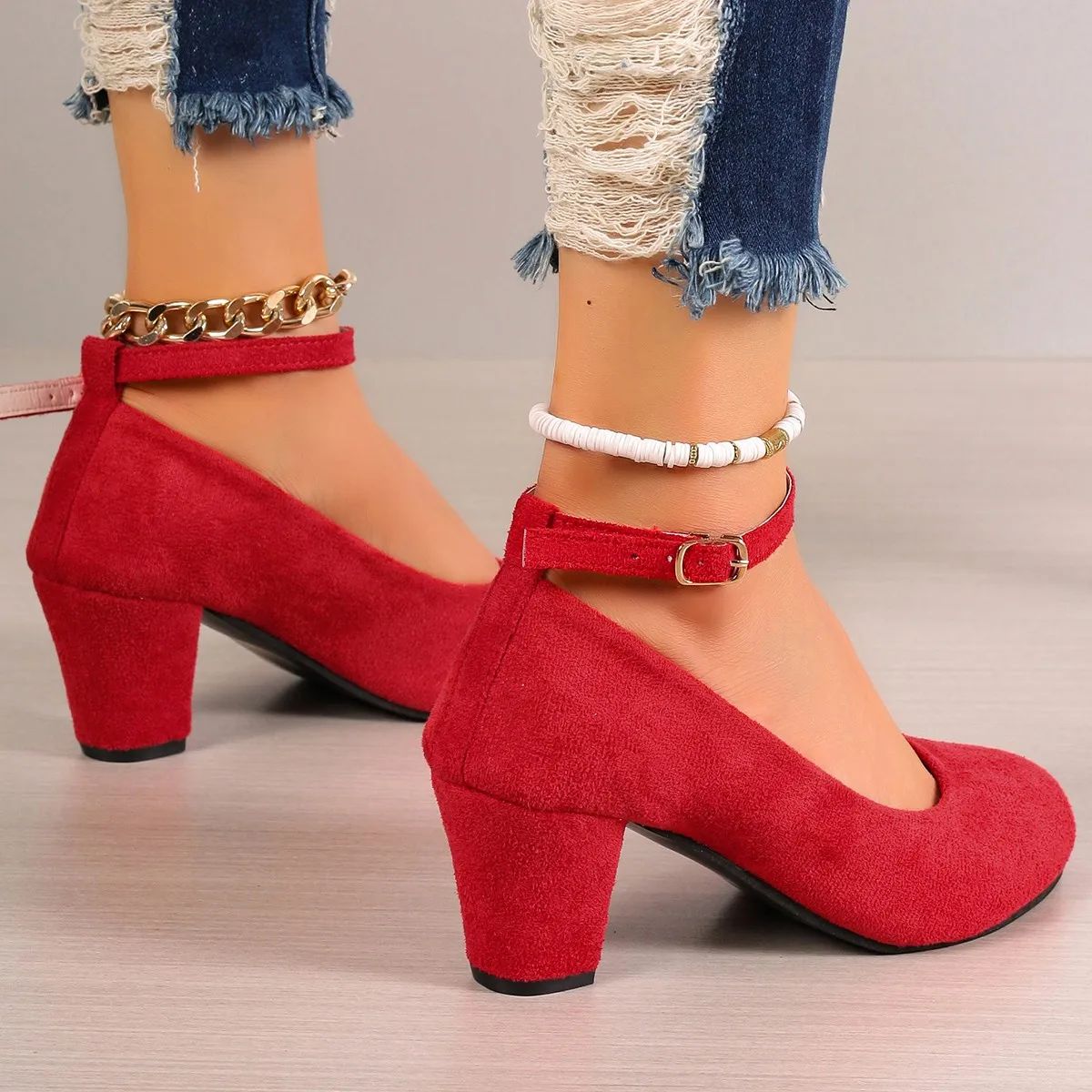 Sapatos Femininos Scarpin com Salto Grosso e Tira no Tornozelo Salto Alto Plataforma Estilo Mary Jane para Mulheres Sapatos Femininos Estilo OL Calçados Femininos