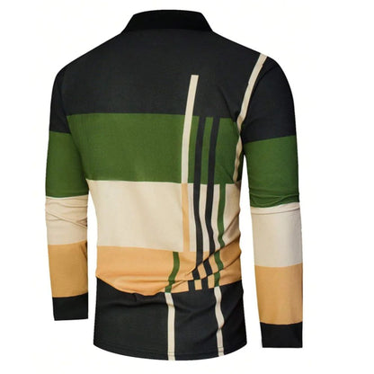 2025 autumn men's polo shirt long sleeved stand up collar patchwork printed top fashionable street casual T-shirt men's shirt