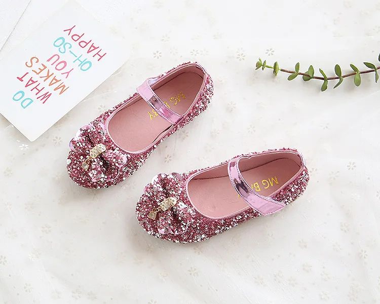 Fashion Girls Shoes Kids Flats Shoes Sequins Rhinestone Princess With Butterfly-Knot Flats Shoes For Students New Autumn 2022