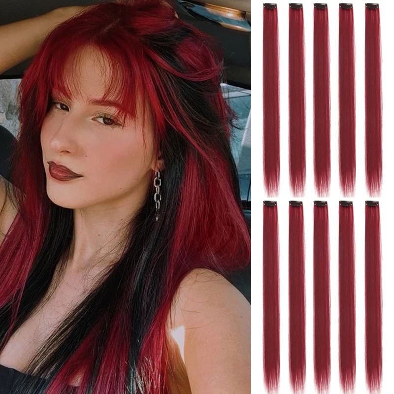 10Pcs Pink Clip in Hair Extensions Party Highlights Wig Synthetic Colored Straight Hairpiece for Girls Kids Christmas Party Use