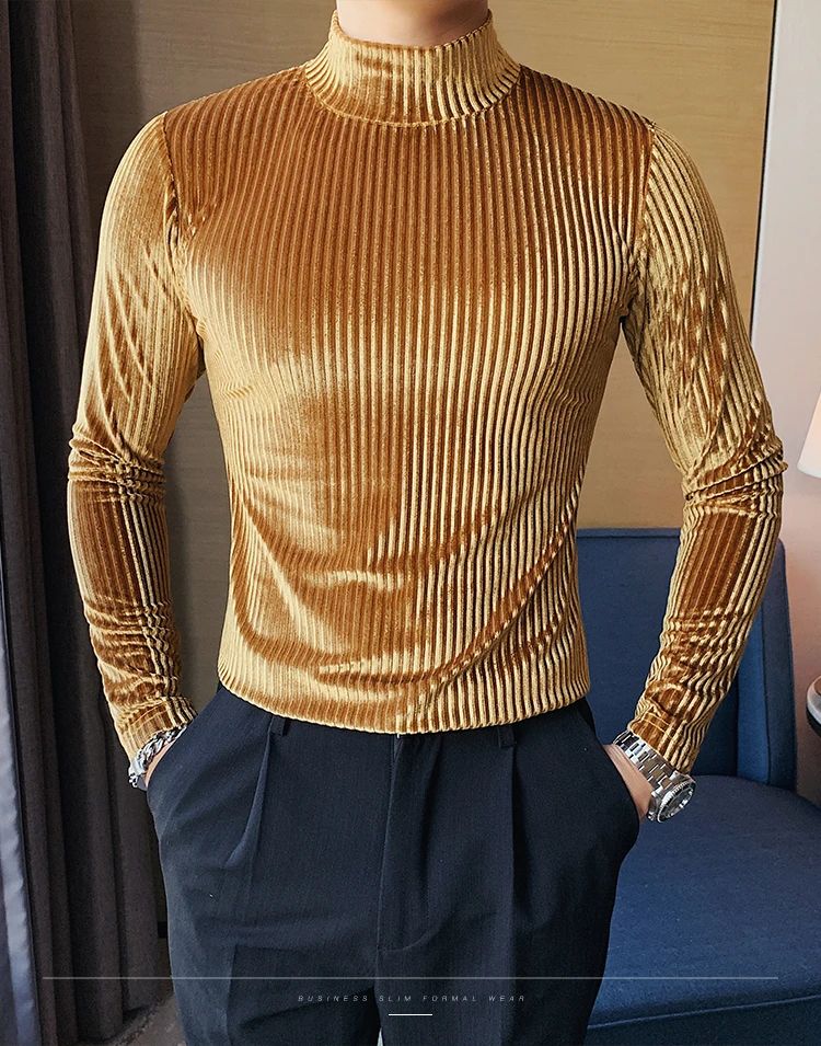 New Gold Velvet T Shirt Men Clothing Fashion Trend Male Luxury Prom Party Long-sleeved Striped Pullover Tops Homme