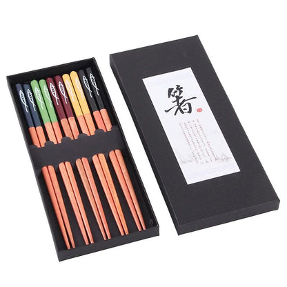 5 Pares Hashis de Madeira Hashis Longos Japoneses Antiderrapantes Conjunto de Talheres Hashis Multicoloridos Caixa de Presente