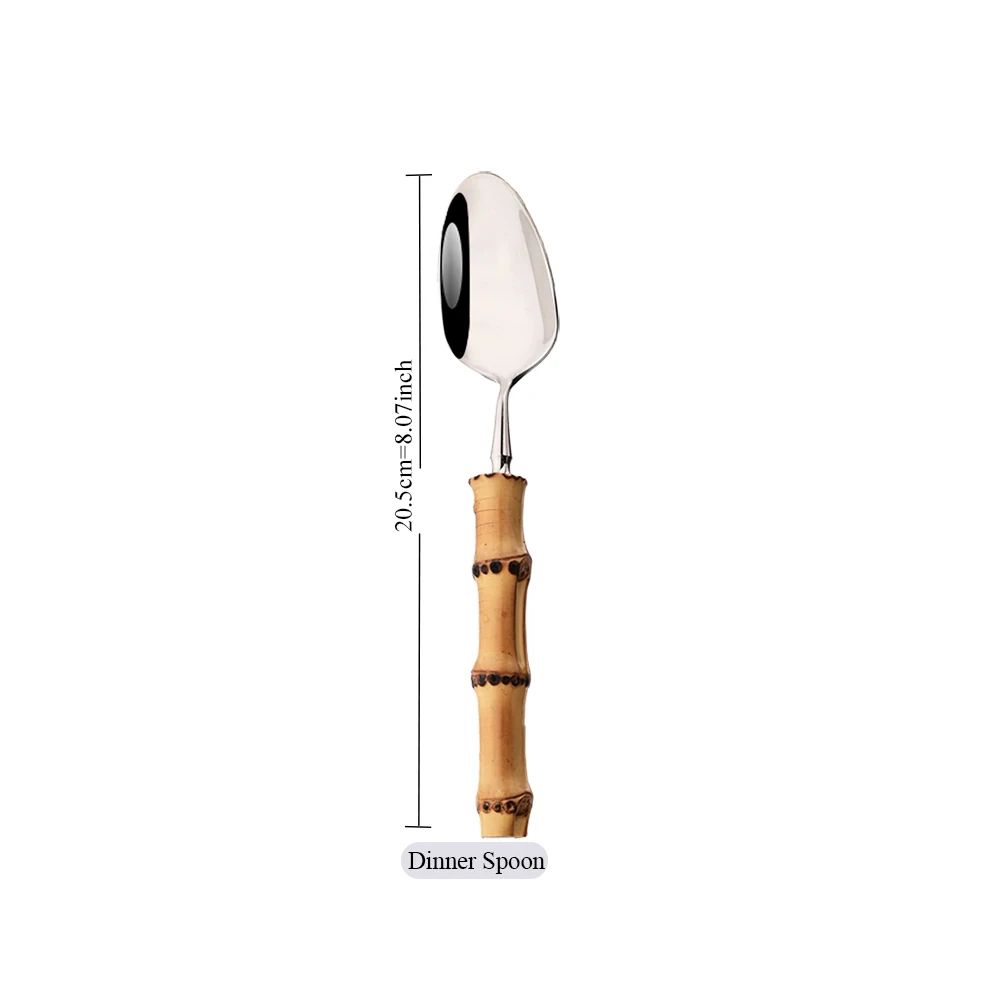 1Pç Conjunto de Talheres de Bambu Natural com Cabo de Aço Inoxidável Utensílios de Mesa Garfos de Jantar Colher Faca Talheres de Cozinha