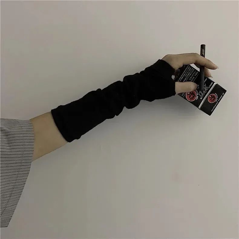 Y2K Gothic Lolita Gloves Arm Cover Harajuku Arm Warmers Black Grey Striped Fingerless Punk Long Wristband Metallic Unisex Gloves