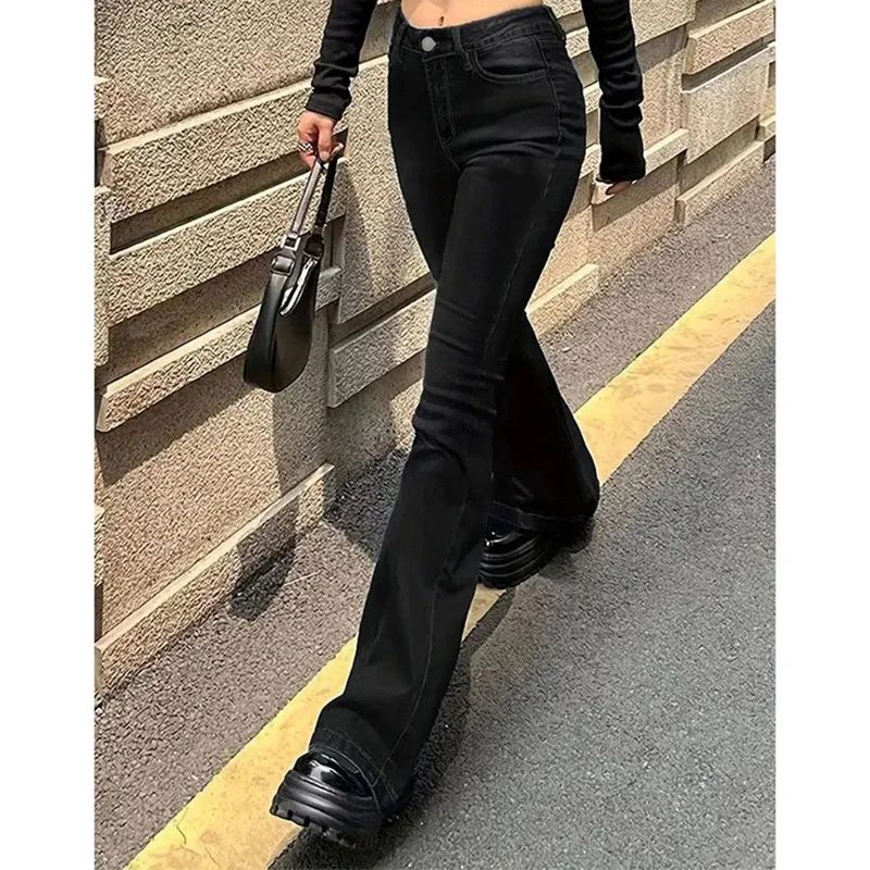 2025 Girls Concise Ins High Waist Flared Jeans Female Stretchy Bootcut Denim Pants Women Solid Color Thin Bell Bottoms Trousers