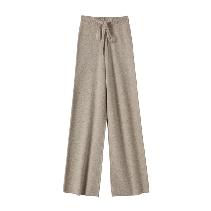 Spring Autumn Women High Waist Wool Wide Leg Pants Solid Soft Warm 100% Merino Wool Knitted Trousers Belt Casual Korean Fashion