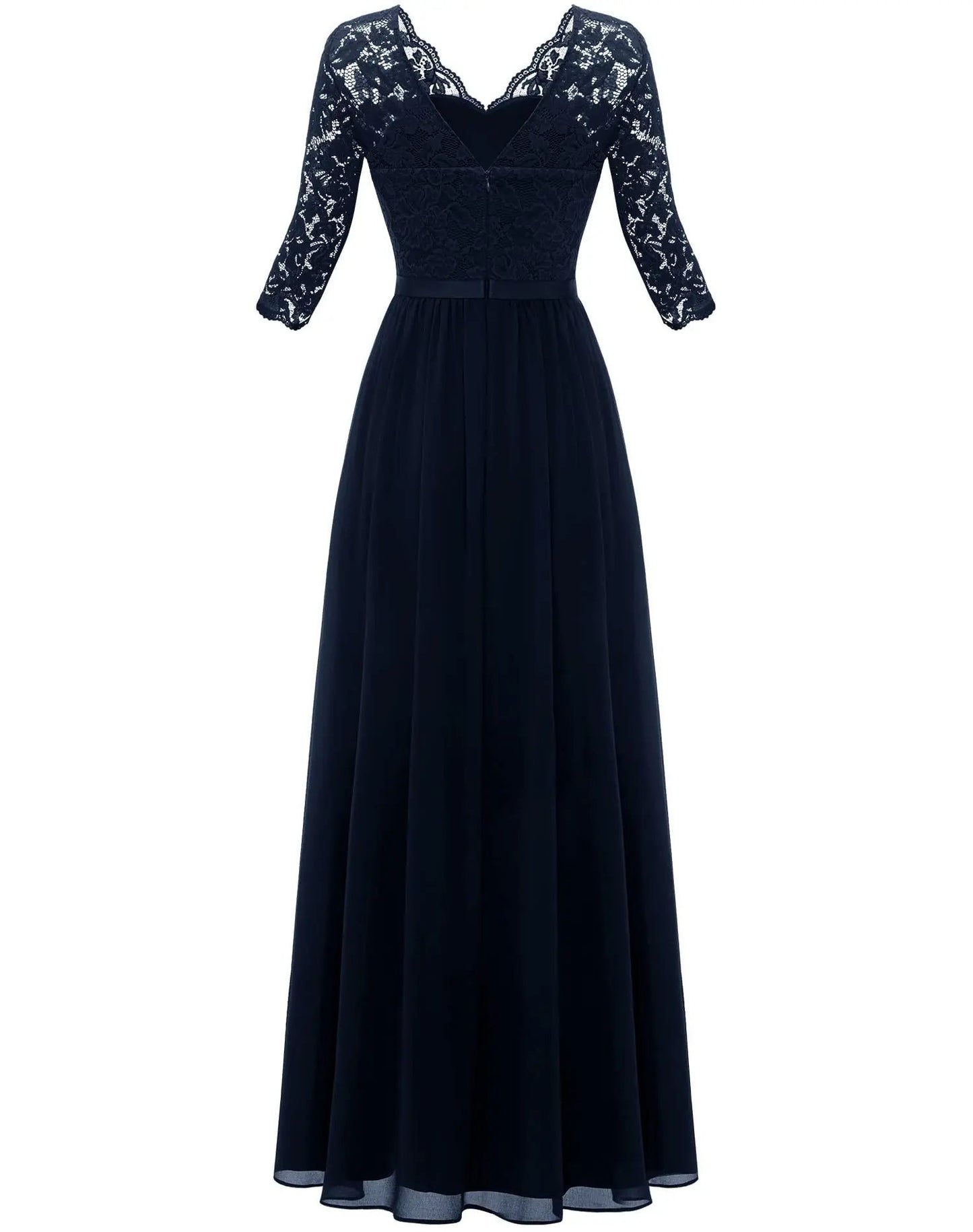 New 6-Color 5-Size Lace Splicing Long Waist-Cinching Elegant Dress Floor-Length V-Neck Polyester Fiber Evening Gown Dress