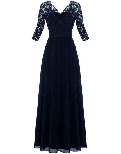 New 6-Color 5-Size Lace Splicing Long Waist-Cinching Elegant Dress Floor-Length V-Neck Polyester Fiber Evening Gown Dress