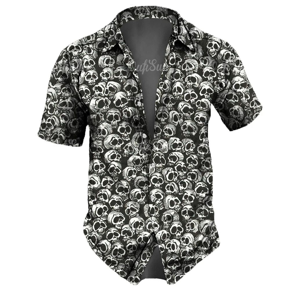 Men's casual Hawaiian lapel 3D horror skull retro printed button short sleeved shirt