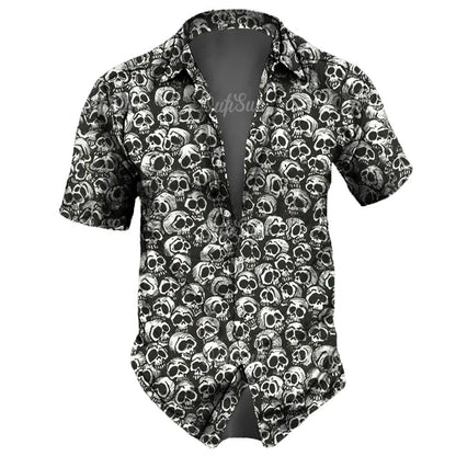 Men's casual Hawaiian lapel 3D horror skull retro printed button short sleeved shirt