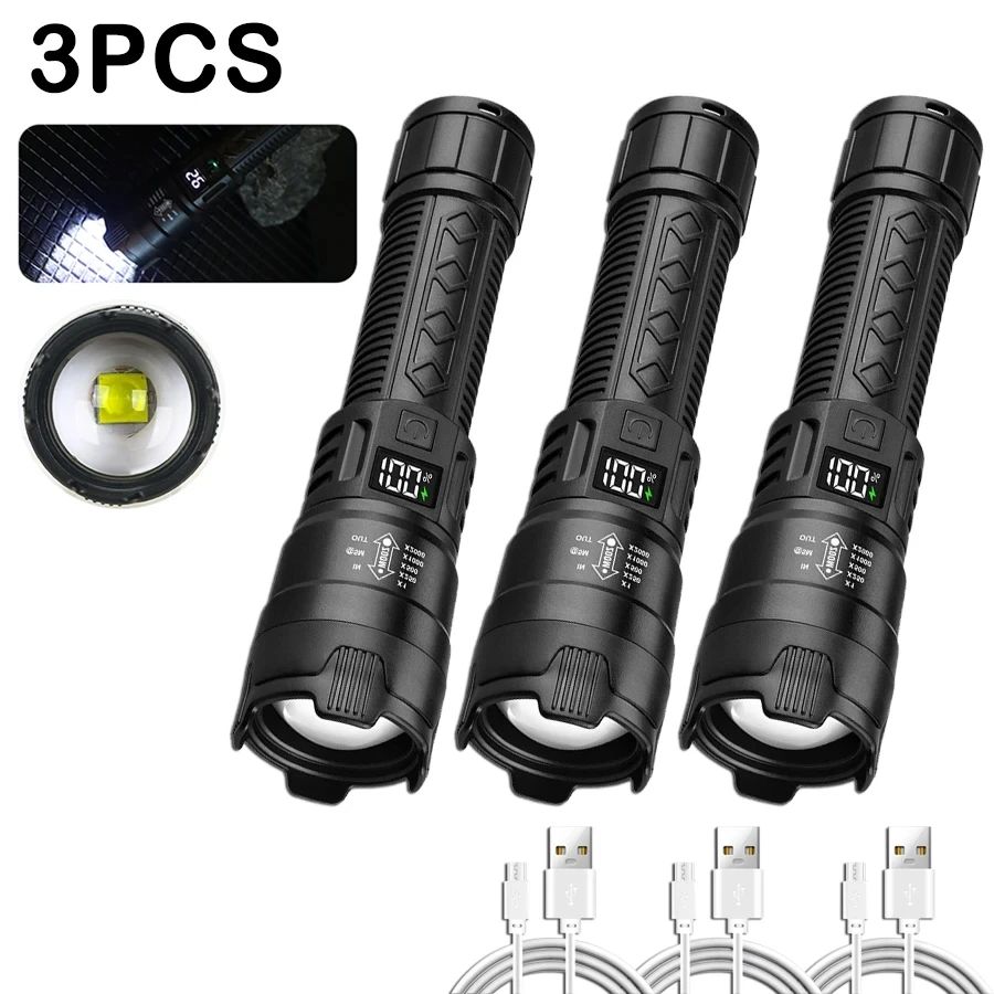 High Strong Power Led Flashlights 2000LM Tactical Torch with Display Light USB Charging Camping Fishing Emergency Zoom Lantern