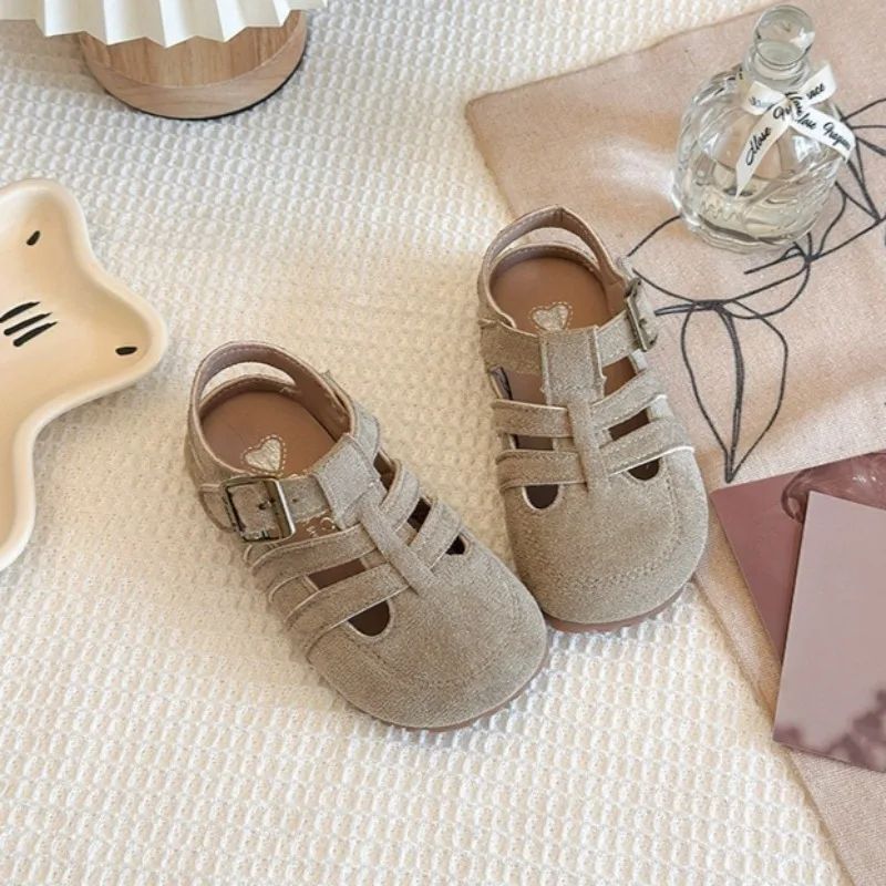 1-12Y Children's Sandals Toe Protect Boys Girls Summer New Candy Color Soft Sole Shoes Kids Casual Retro Flat Leather Sandals
