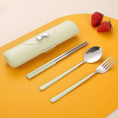 3 peças de talheres portáteis de aço inoxidável, colher, garfo e pauzinhos, caixa de armazenamento, conjunto de viagem para exterior, piquenique, escola, Ano Novo