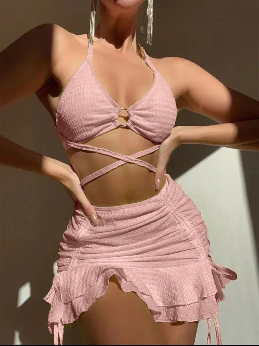 Sexy Yellow Bikini Women Solid Halter Ring Linked Criss Cross Cover Up 3 Piece Swimsuit 2025 Bathing Suit Ruffles Skirt Swimwear