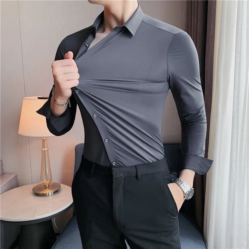 Men's Long Sleeved Elastic Shirt No Ironing Business Wear Professional Workwear Stand Up Collar Shirt Casual Solid Color Shirt