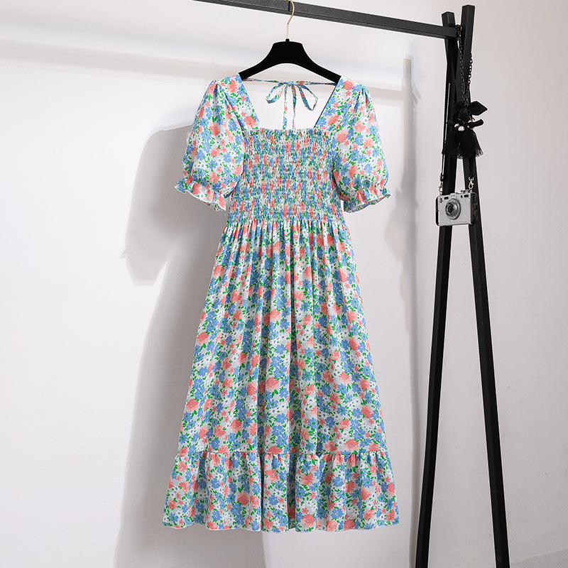 Summer Pleated Women Chiffon Dresses Casual Beach Holiday Short Sleeve Square Co