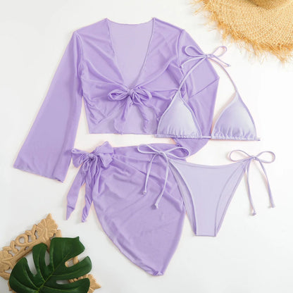 Women Pink Micro Mini String Bikini Sets 4 Pieces with Mesh Cover Tops and Skirt Swimsuit Bathing Suit Beach Outfits Biquini