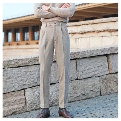 Men's Neapolitan High Waist Autumn Winter Woolen Trousers Straight Leg Drapey No Iron Business Pants Casual Scene
