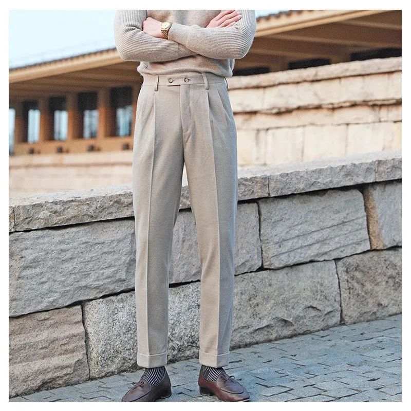 Men's Neapolitan High Waist Autumn Winter Woolen Trousers Straight Leg Drapey No Iron Business Pants Casual Scene