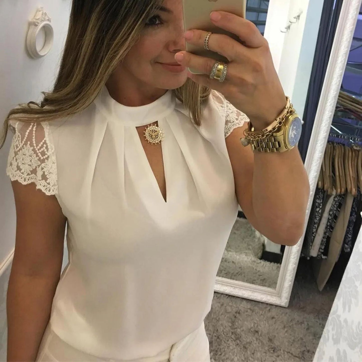 Woman Blouse 2025 V-Neck Lace Casual Shirt Solid Loose Short Sleeve Shirts Sleeve Lace Casual Tank Tops Blouse Sexy Blusas