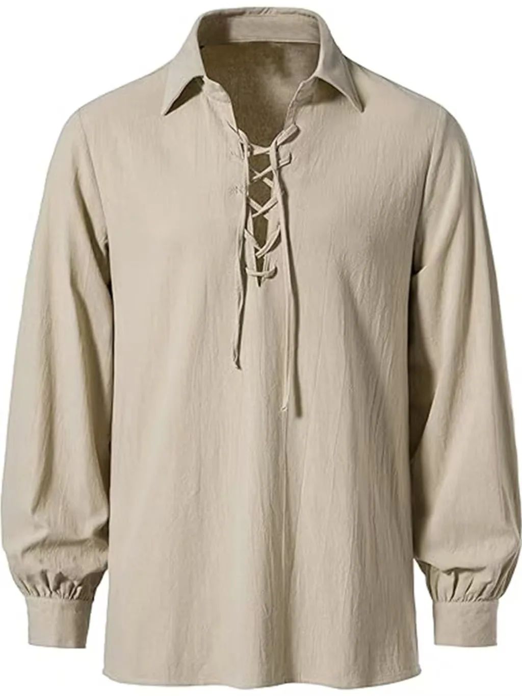 Men Medieval Pirate Shirt Lapel Lace Up Long Sleeve Blouse Renaissance Viking Halloween Cosplay Loose Puff Cuff Tops